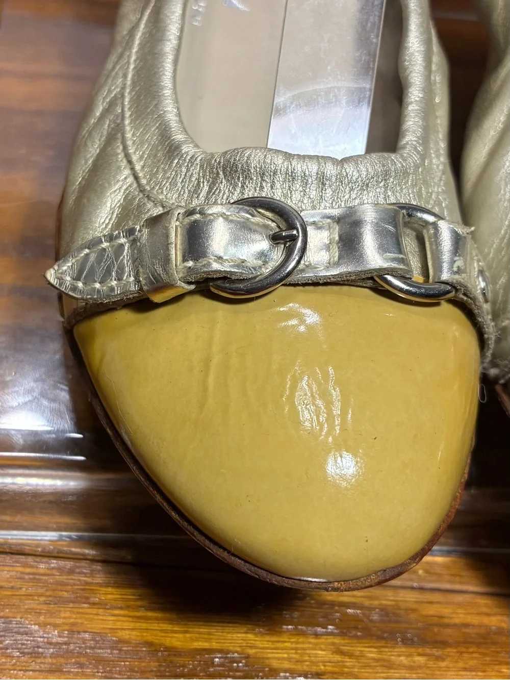 AGL Italy Made Metallic Gold Leather Patent Cap Toe Ballet Flats EU 36.5 US 6.5